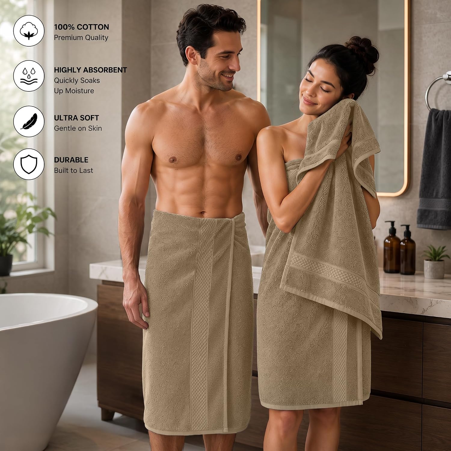 DAN RIVER 600 GSM Cotton Large Bath Towels Set of 4, 27 x 54 Inches, Tan | Larger & Lighter Weight Towels for Bathroom