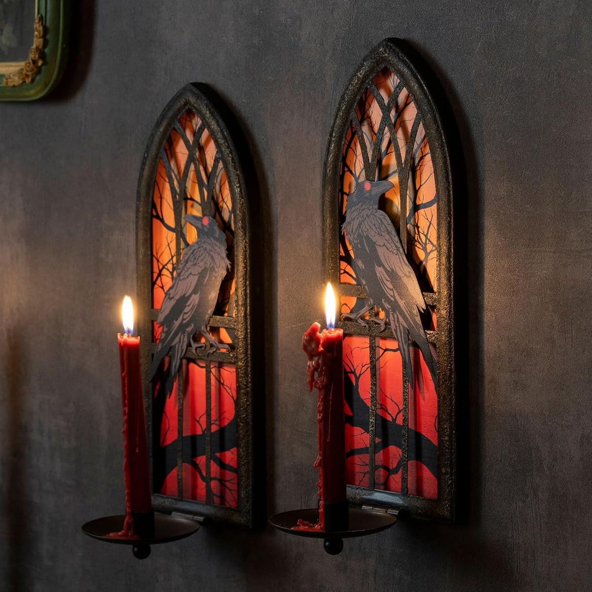 Gothic Wall Candle Sconces Set of 2, Wrought Iron Crow Wall Mounted Candelabra Holder with Removable Trays for Taper &