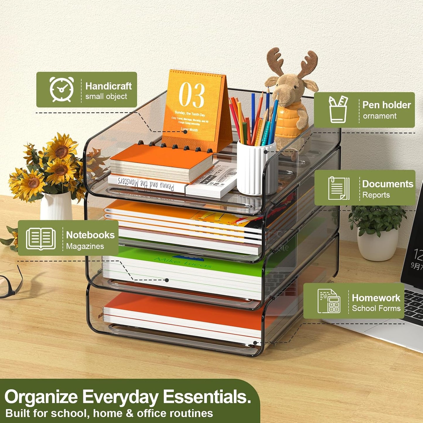 4-Tier Acrylic Paper Tray Organizer / Brown / 12.6 x 9.6 x 11