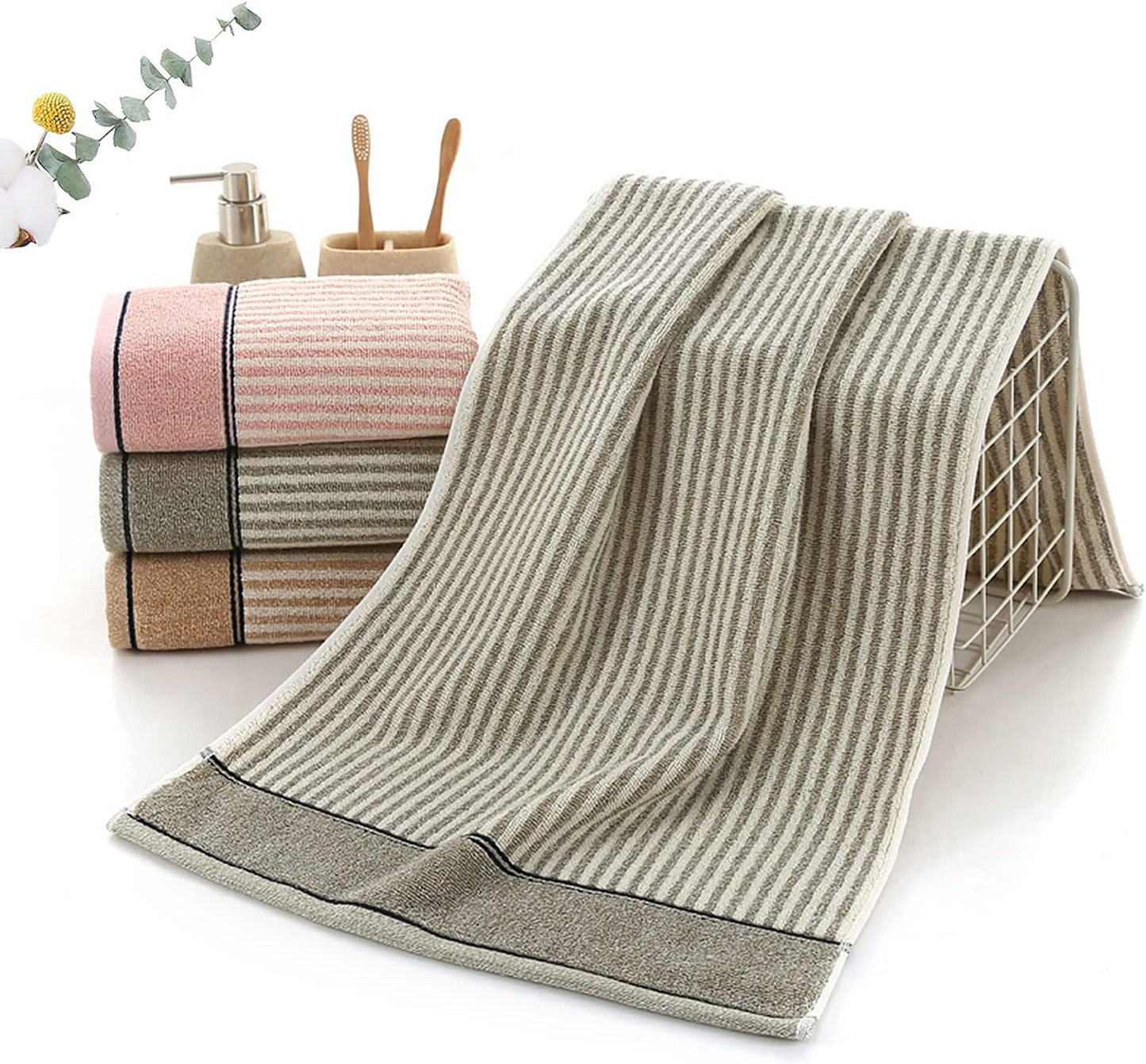 Hand Towels Set of 4 100% Cotton Striped Pattern Absorbent Soft Decorative Towel for Bathroom (Gray Brown)
