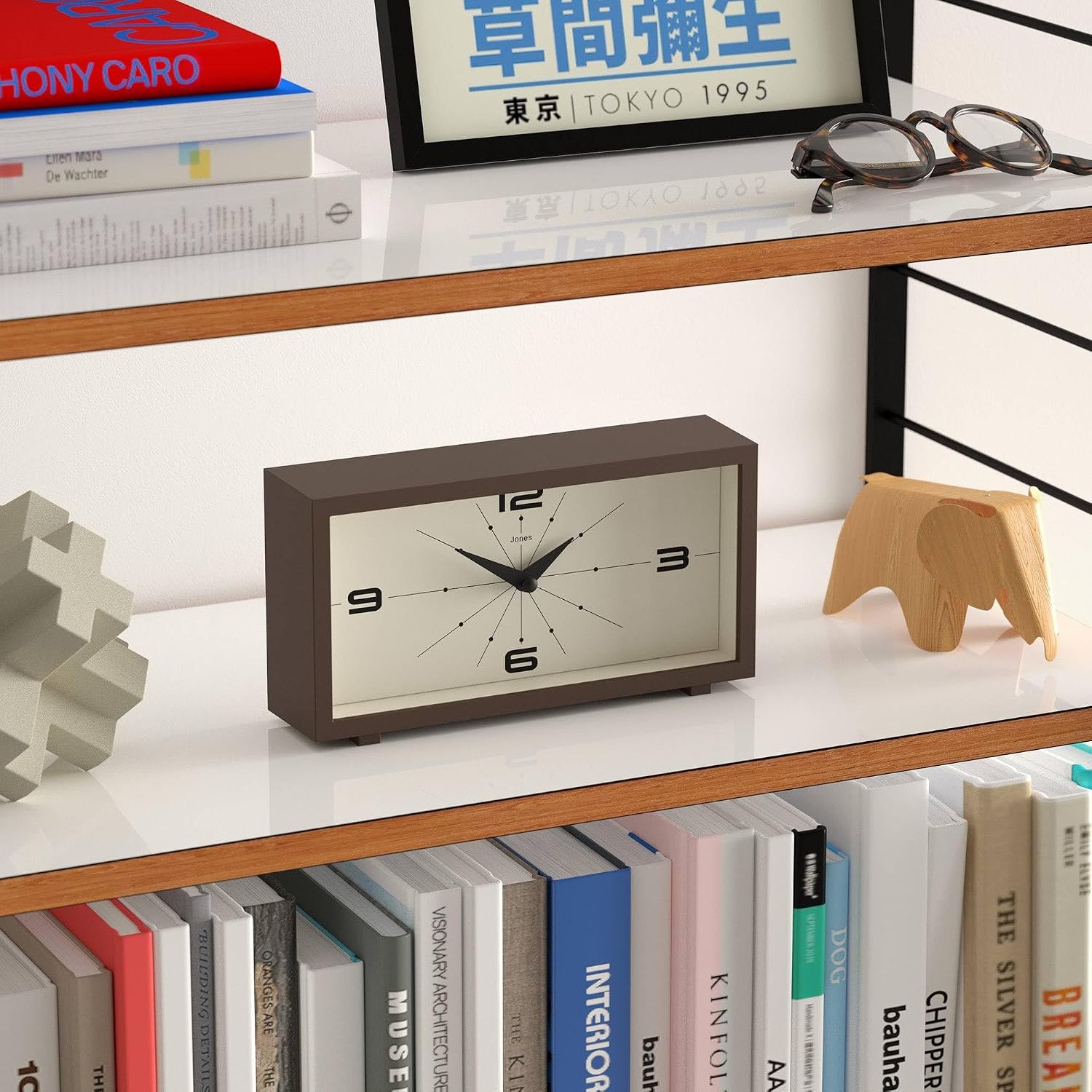 JONES CLOCKS® Odeon Desk Clock | Modern Rectangular Design | Brown | Stylish Retro Look for Shelf, Table, Mantel or