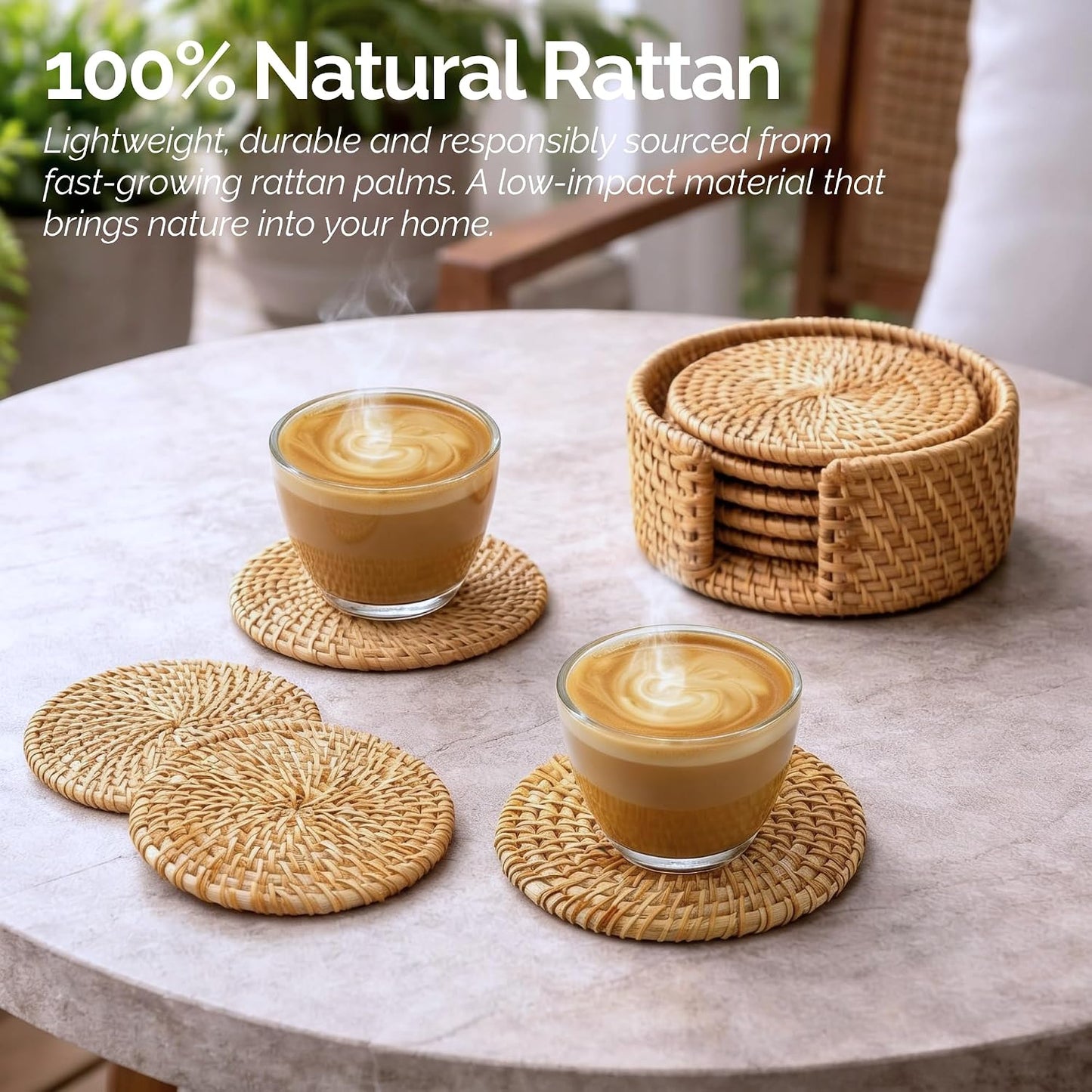 Handmade Rattan Coasters for Drinks & Holder • Natural Round Woven / Natural Honey / Set of 6