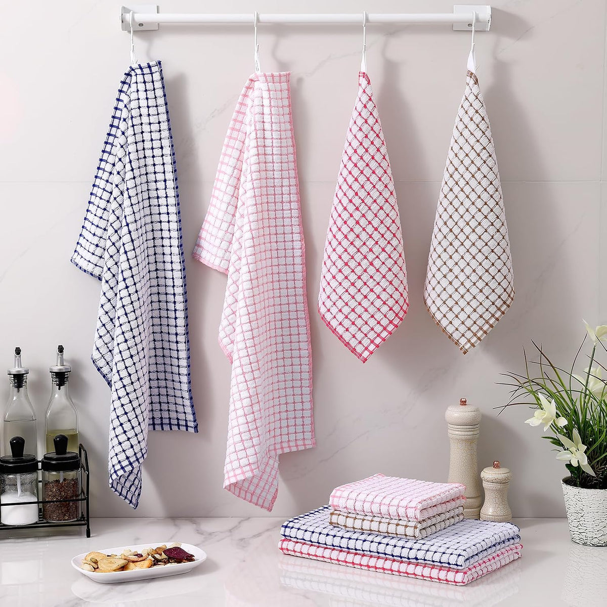 Homaxy Kitchen Towels and Dishcloths Set, Set of 16, Blue/Pink/Red/Brown | Cotton Terry Kitchen Dish Towels, Super Soft