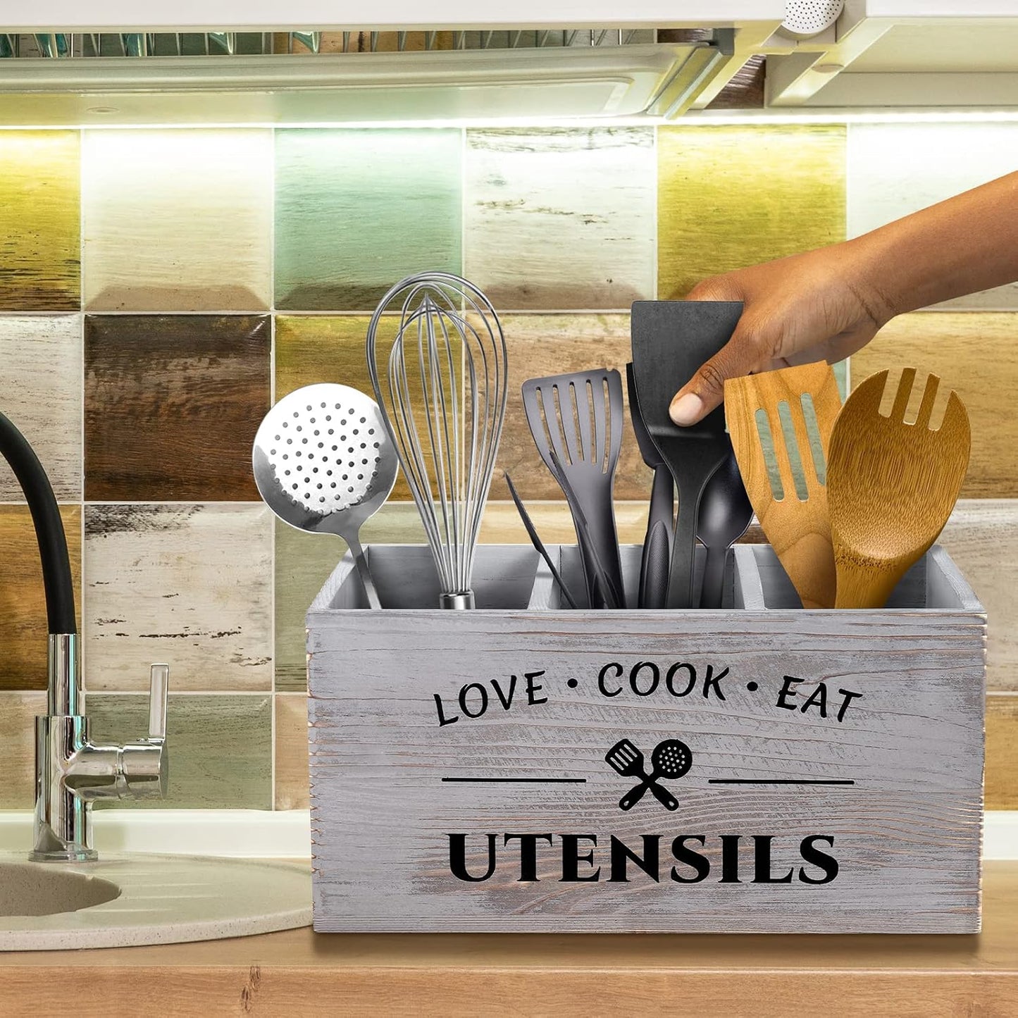MINCORD Wood Utensil Holder for Kitchen Counter | Grey Rustic Utensil Caddy with 3 Compartments | Farmhouse Flatware