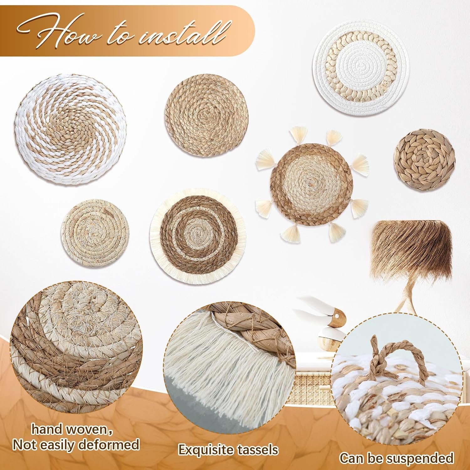 Boho Wall Baskets Decor Hanging Rustic Rattan Wicker Wall Basket for Farmhouse Living / Set of 7