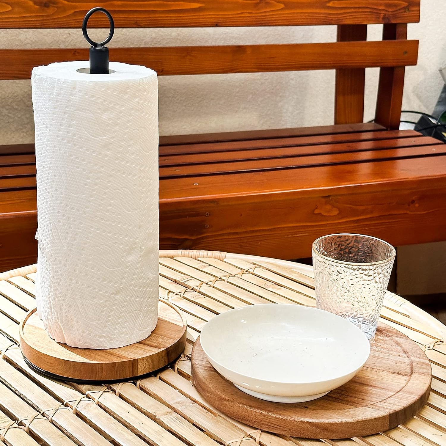 WILDMOS Paper Towel Holder Countertop, Solid Acacia Wood with Thick Metal Base, Black Freestanding Paper Towel Holder