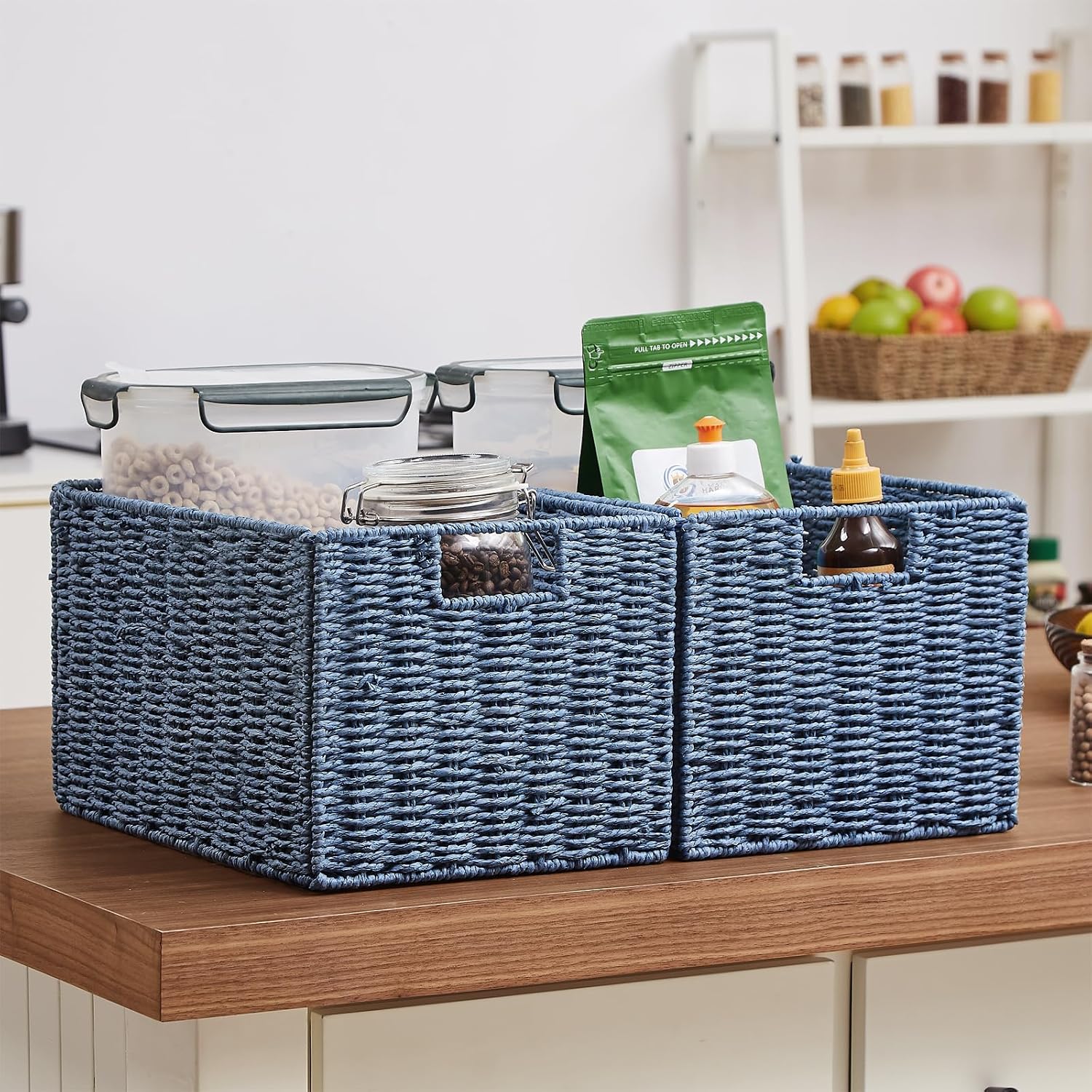 Wicker Storage Basket / Blue / 15.2"D x 10"W x 8.6"H / Set of 2