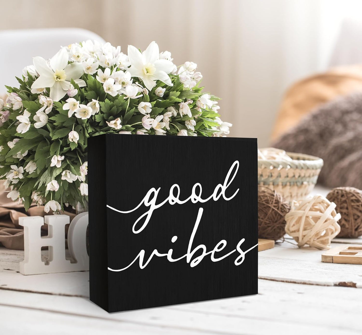 White Wood Box Sign Desk Decor / Black / 5 x 5