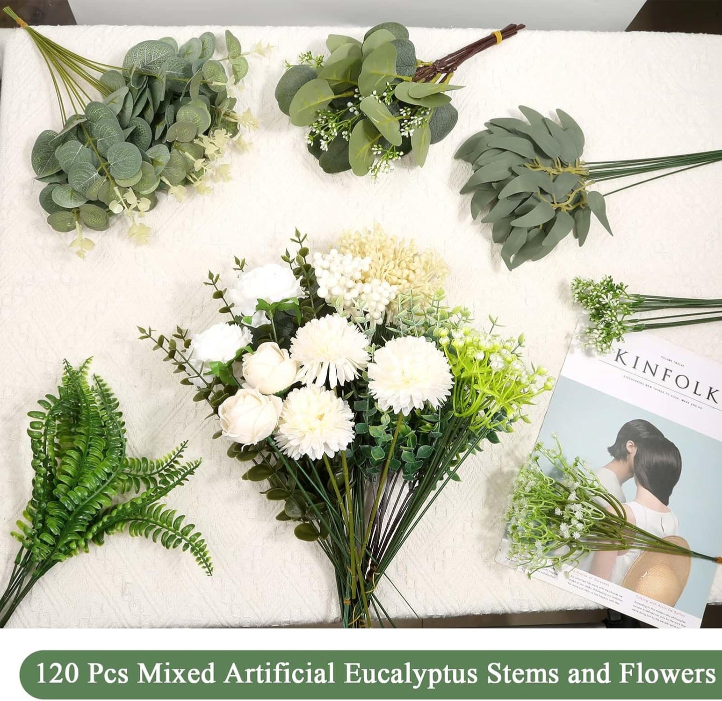 Mixed Artificial Eucalyptus Stems Flowers Bulk / Silver / Set of 120