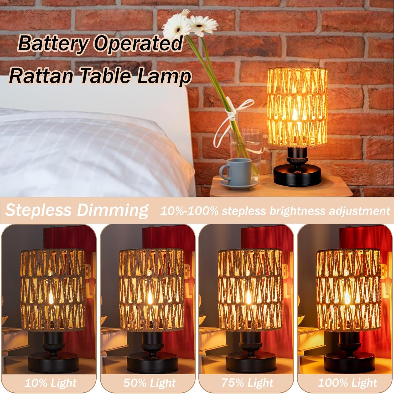Cordless Rechargeable Outdoor Table Lamps, Battery Operated Table Lamp, Stepless Dimmable for Patio, Living Room, and