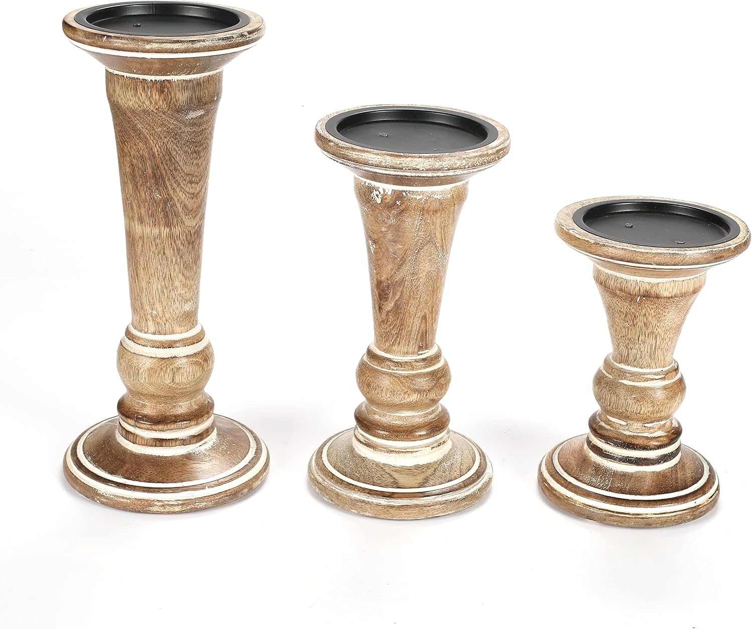 Homebia Design White Wash Mango Wood Candle Holder Set of 3 – 10, 8, 6 Inch