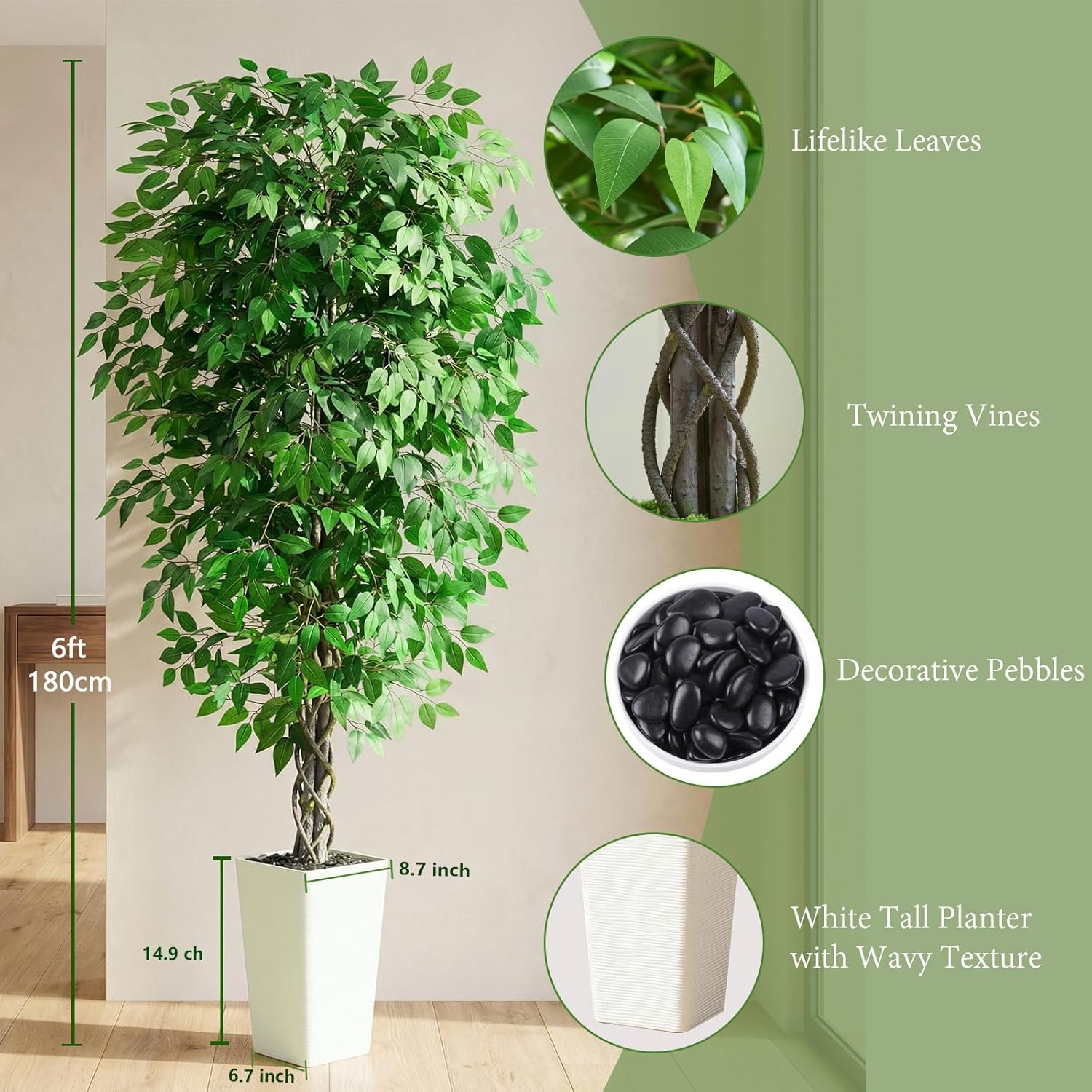 Artificial Ficus Tree Faux Plants Indoor Tall Fake Plants / 6FT / White / 6 Inch