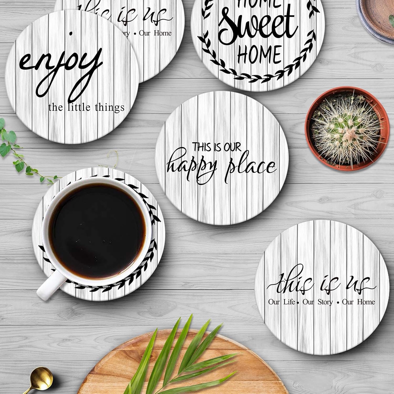 Old Wood Wooden Board Table Absorbent Round Ceramic Stone Mat / Retro 13 / White / Set of 6