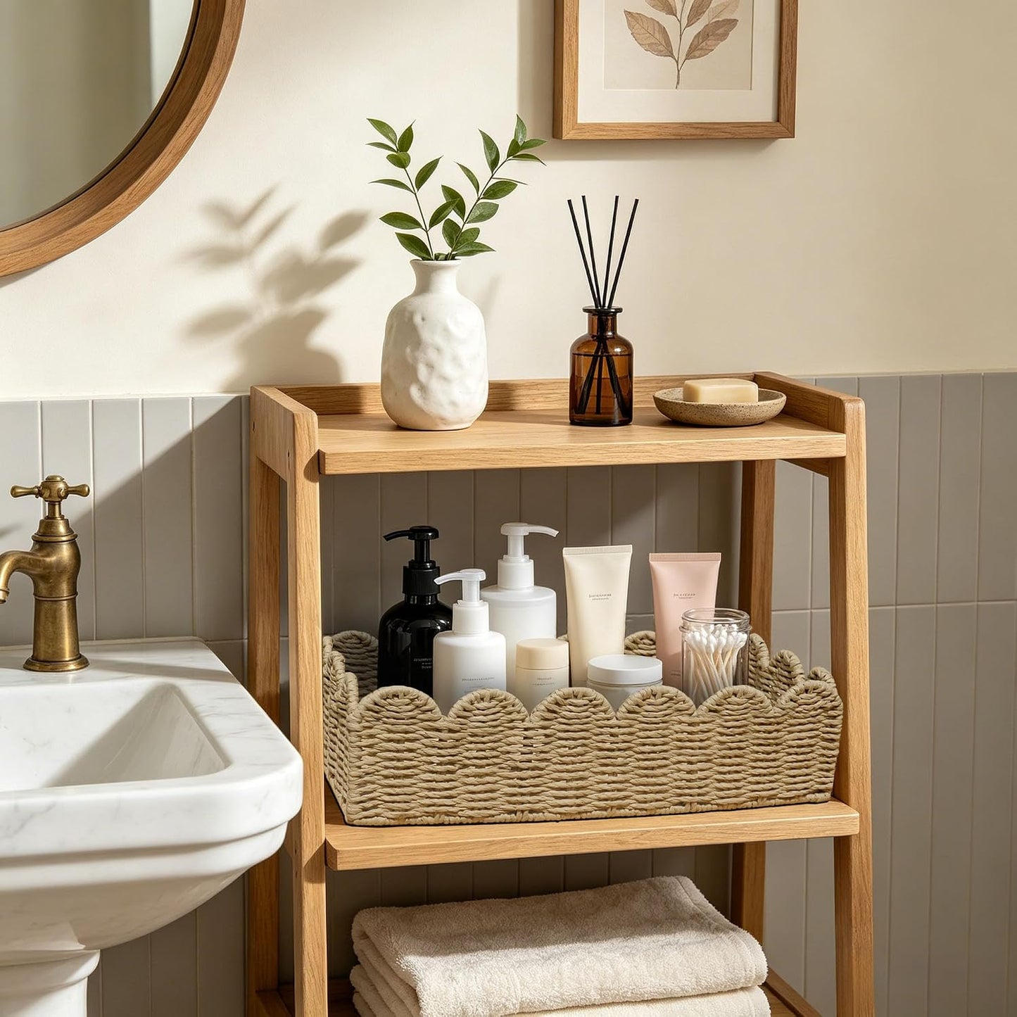 Scalloped Wicker Toilet Paper Storage Basket / Beige / Set of 2