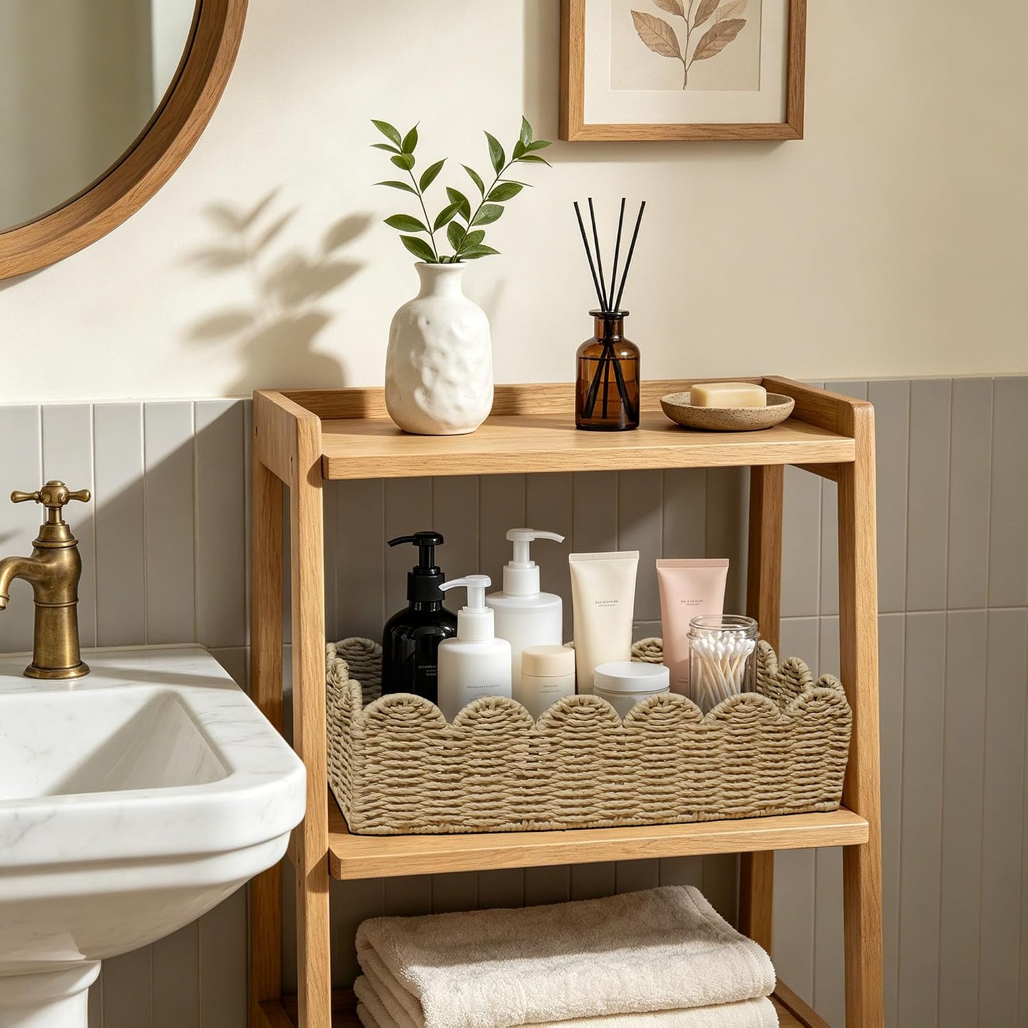 Scalloped Wicker Toilet Paper Storage Basket / Beige / Set of 2