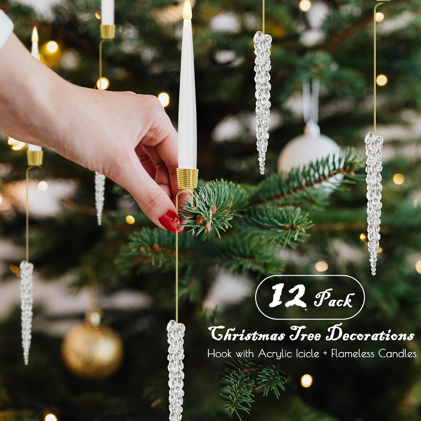 JOIONE Christmas Tree Candles, 12 Pack Crystal Icicles Tree Hanging Decor | Battery Operated, Remote Control, Crystal