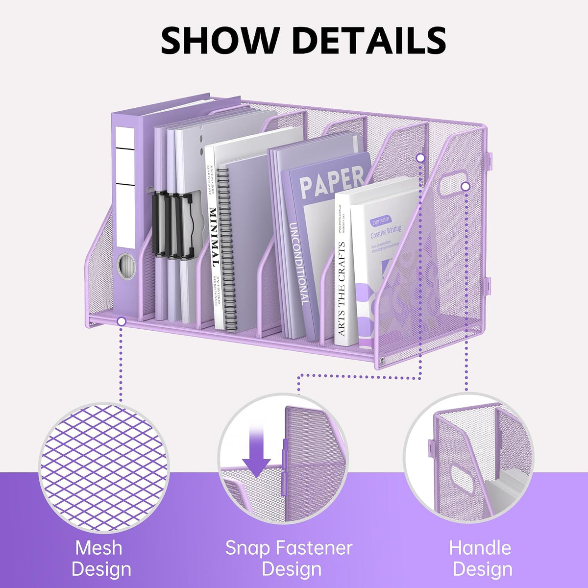Binder Organizer, Magazine File Holder with 5 Vertical Rack, Purple | Metal Desk File Organizer & Binder Holders