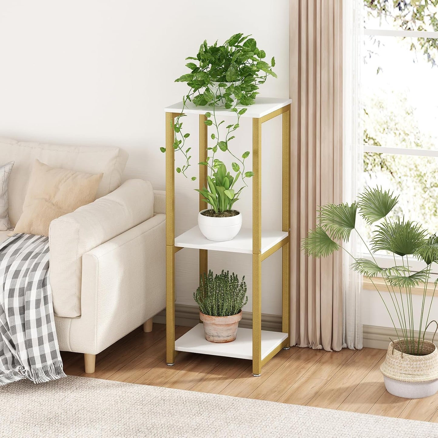 3 Tier Plant Stand Indoor Corner Tall Square Shape Plant Shelf | Modern Metal MDF board Flower Storage,Suitable tight