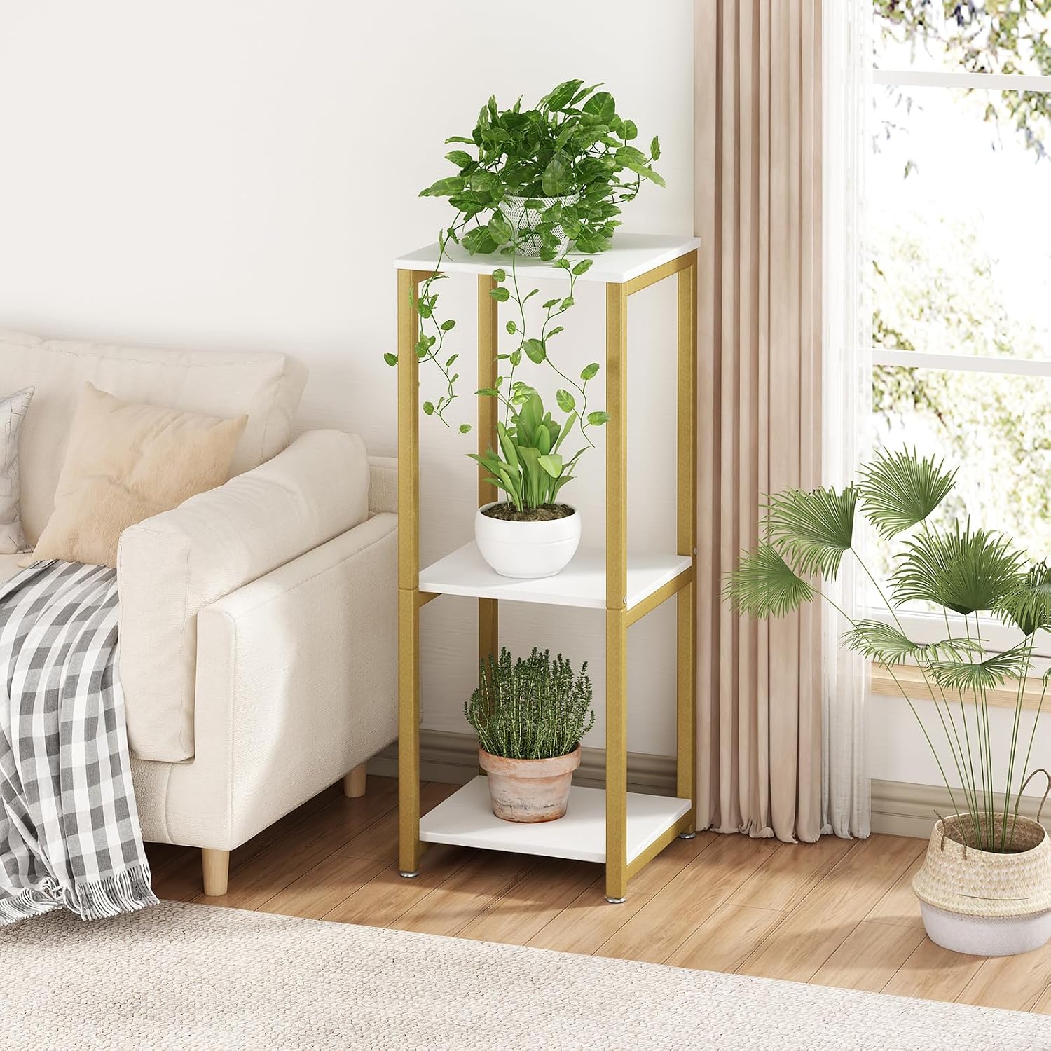 3 Tier Plant Stand Indoor Corner Tall Square Shape Plant Shelf | Modern Metal MDF board Flower Storage,Suitable tight