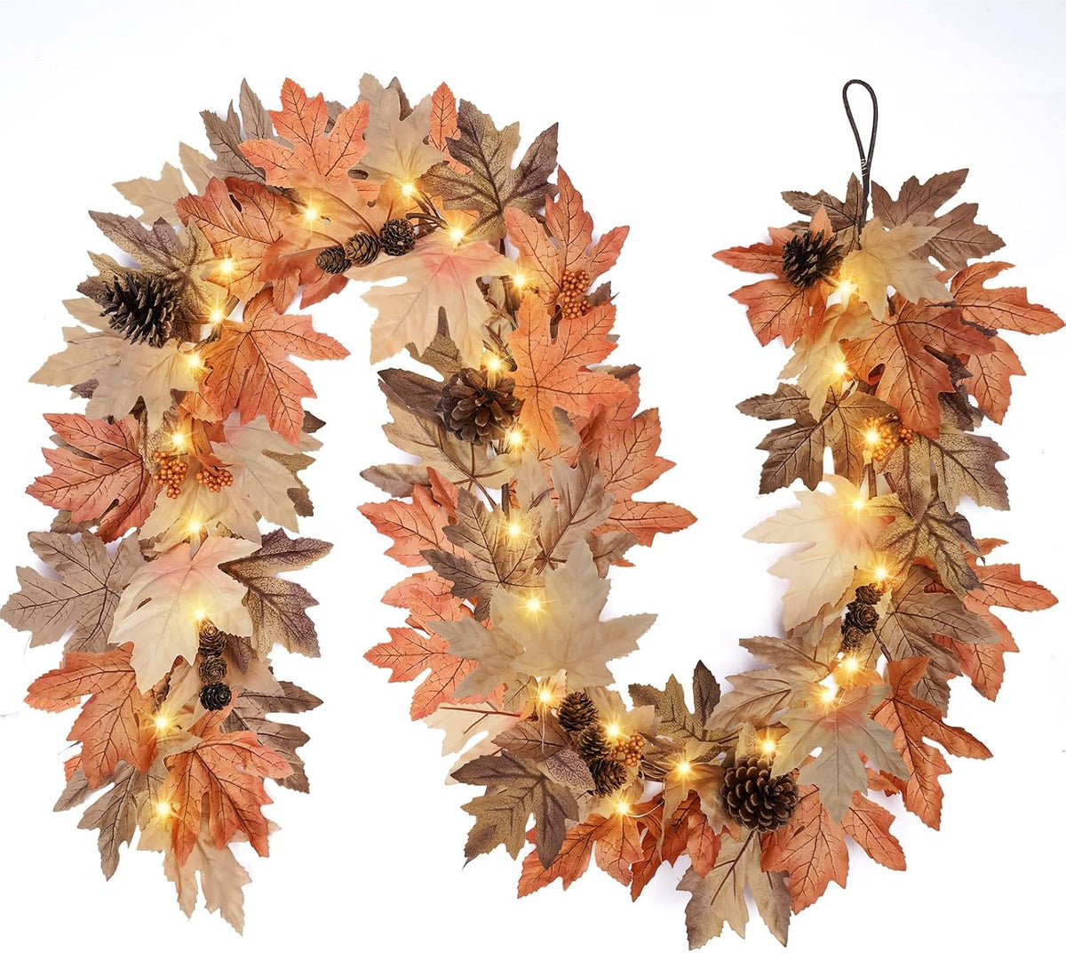 2 Pack 9 Ft Fall Garland with Lights & Timer, Thanksgiving Mantel Decor