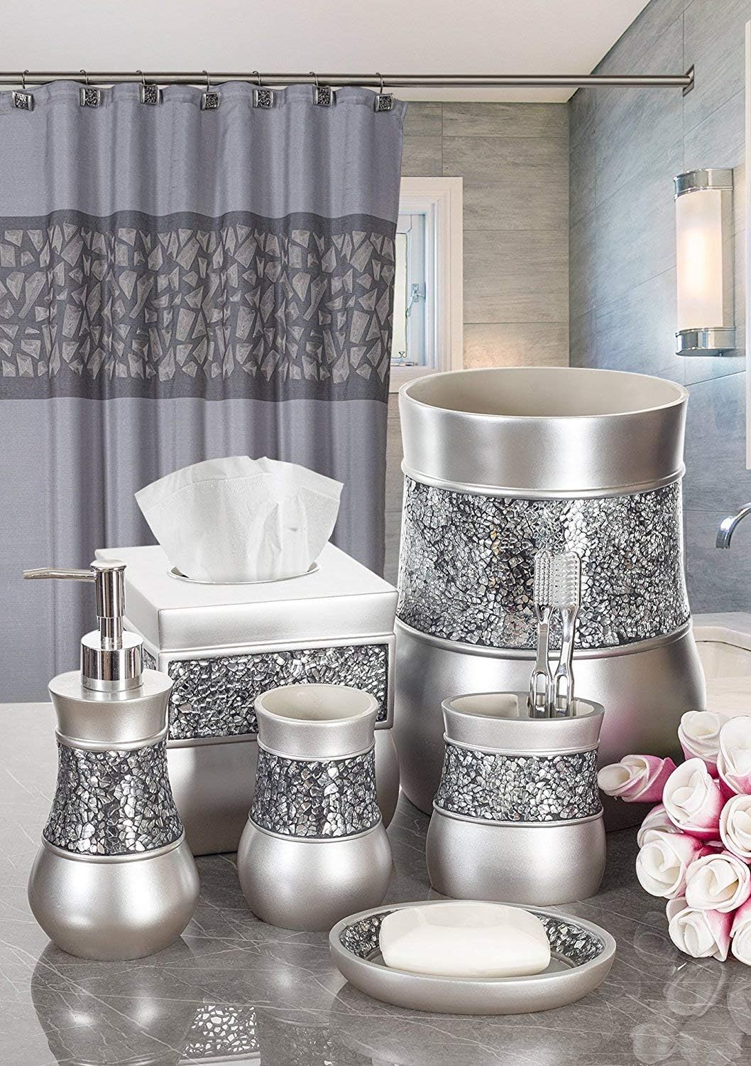 Crackled Glass Silver Free Standing Countertop Fingertip Towel Holder Stand | Unibody Resin Towel Rack For Bathroom or