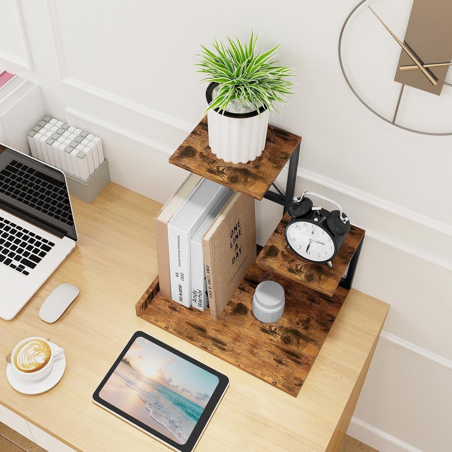 Wood Desktop Organizer Small Bookshelf / Rustic Brown Black