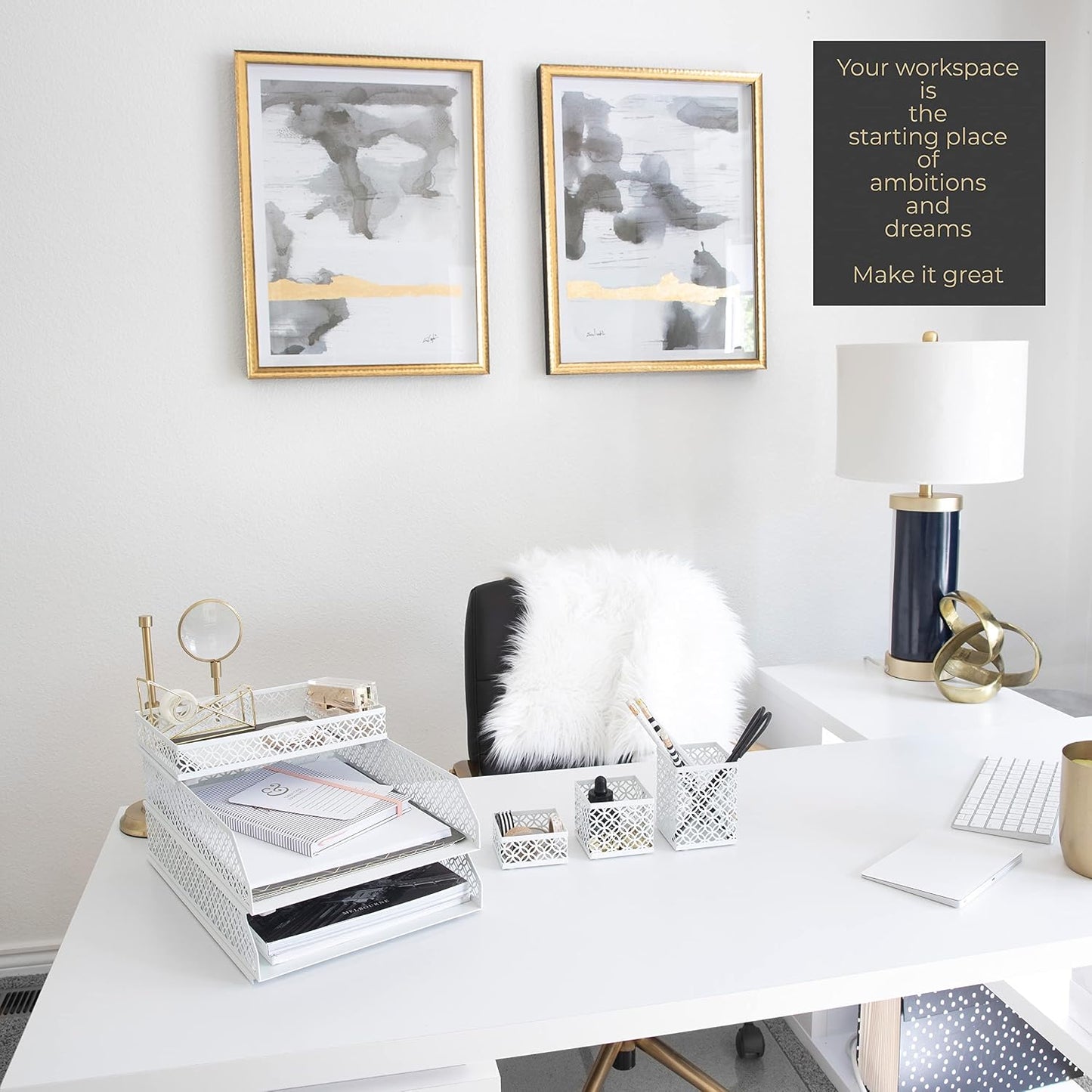 BLU MONACO | White Desk Organizer Set | 6 Piece Metal Desk Organizer with Pen Cup, Accessory Trays, and Letter Trays