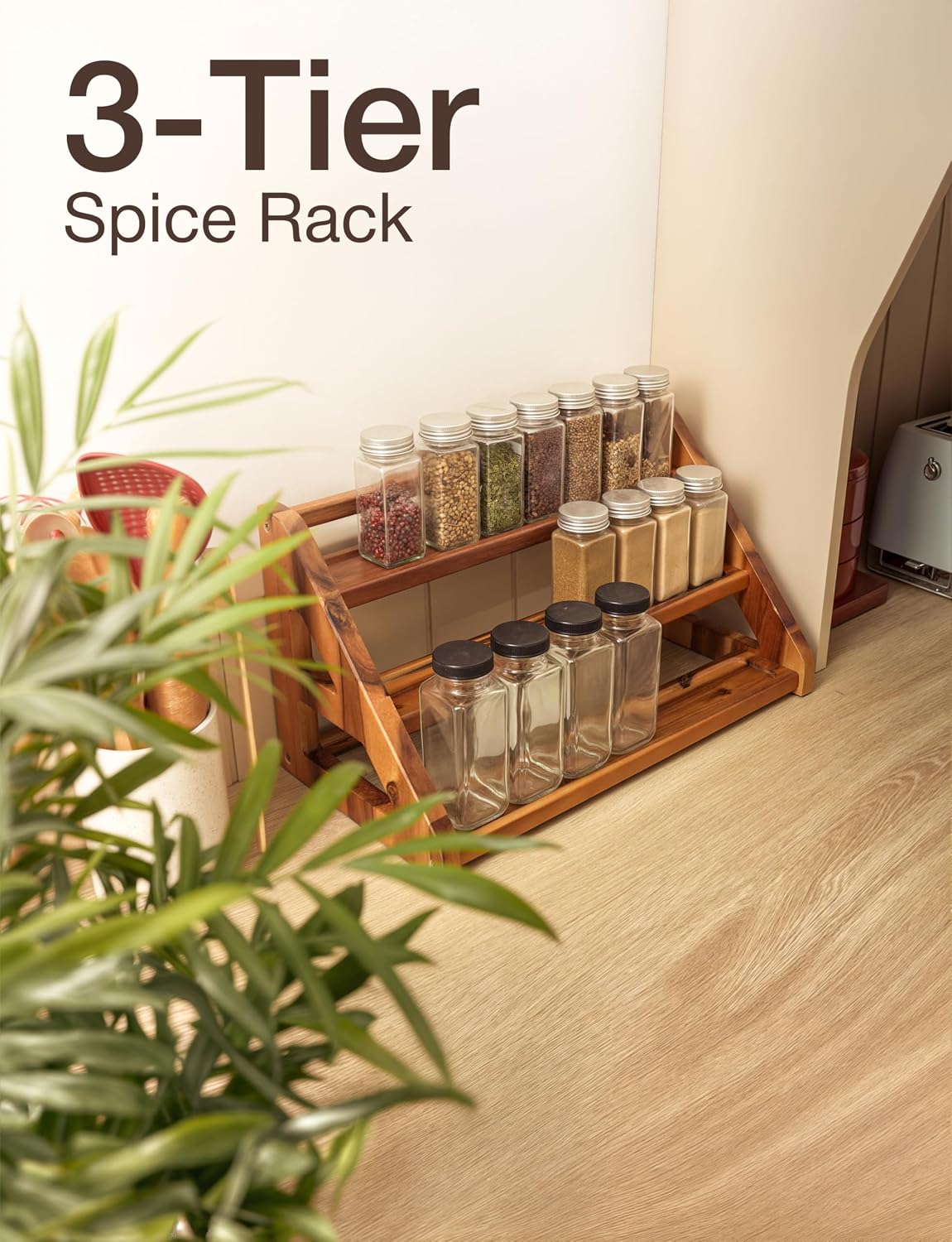 Tinamo Acacia Wood Spice Rack for Countertop, 3-Tier Design, Holds 24 Jars | Solid Acacia Wood, 3-tier Spacious Design