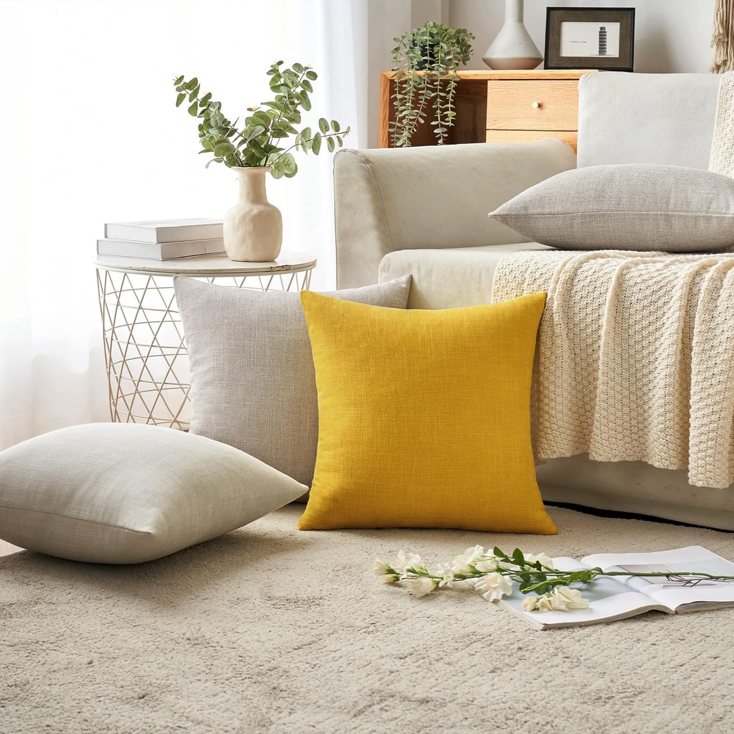 Decorative Linen Burlap Textured Pillow Covers Farmhouse Boho / 18 x 18 / Bright Yellow / Set of 2