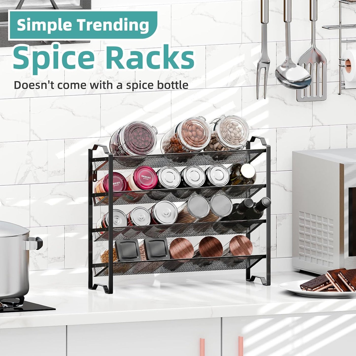 Simple Trending 2 Pack 4 Tier Spice Rack Organizer, Stackable Kitchen Counter Shelves, for Cabinet, Countertop, Pantry