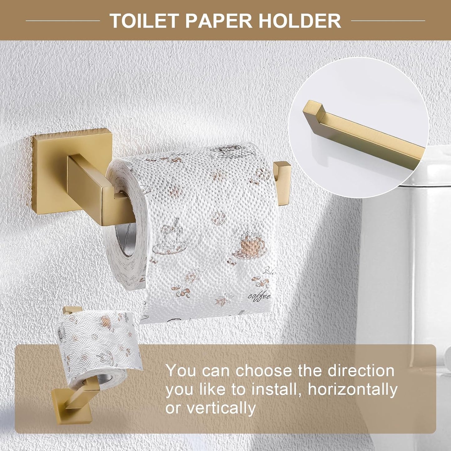 TQKAG 6-Piece Bathroom Towel Bar Sets Brushed Gold 23.6 inch Towel Bar Stainless Steel Towel Ring Coat Hook and Toilet