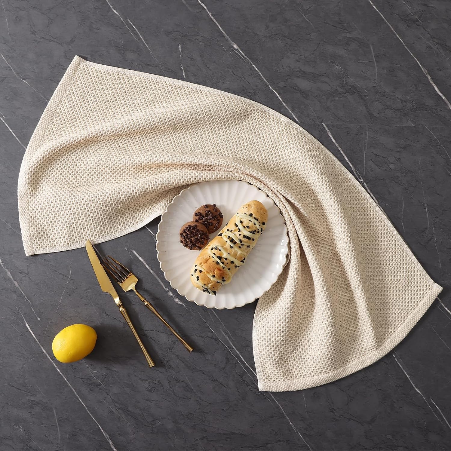 Homaxy 12 Pack 100% Cotton Kitchen Towels and Dishcloths Set, Beige | 12 x 12 Inches and 13 x 28 Inches Kitchen Towels
