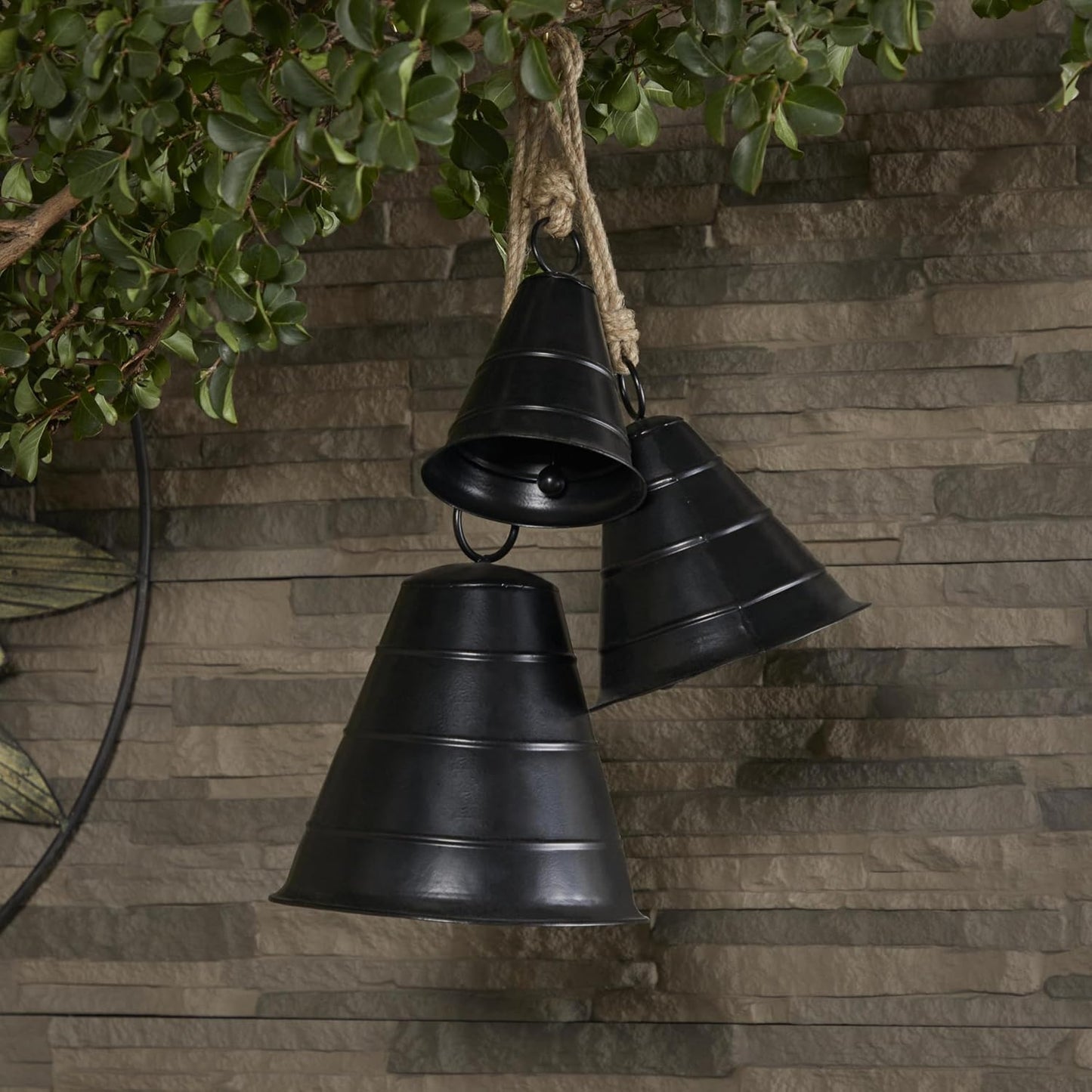 Deco 79 Black Metal Tibetan Inspired Decorative Cow Bells with Jute Hanging Rope, Set of 3 10", 8", 5"H - Wide Cone