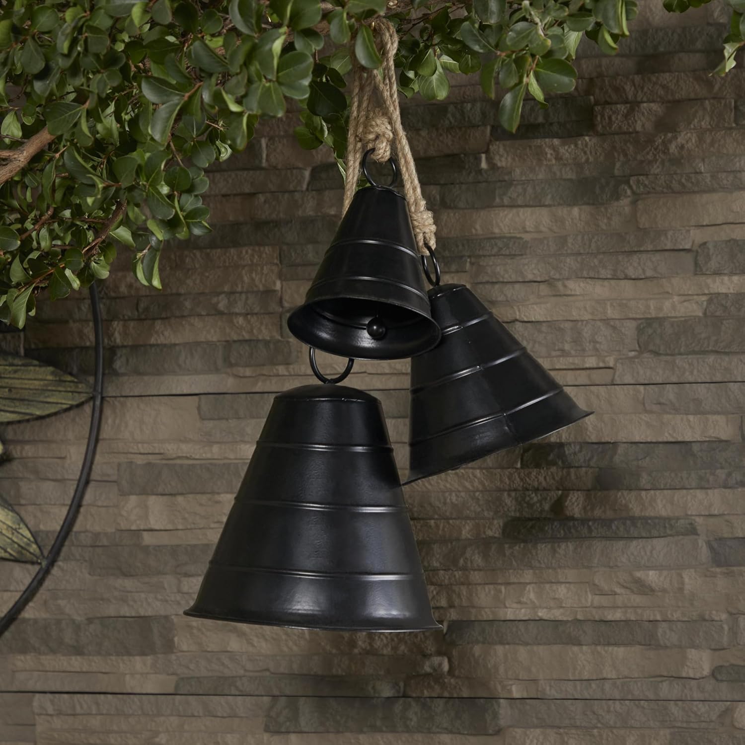 Deco 79 Black Metal Tibetan Inspired Decorative Cow Bells with Jute Hanging Rope, Set of 3 10", 8", 5"H - Wide Cone