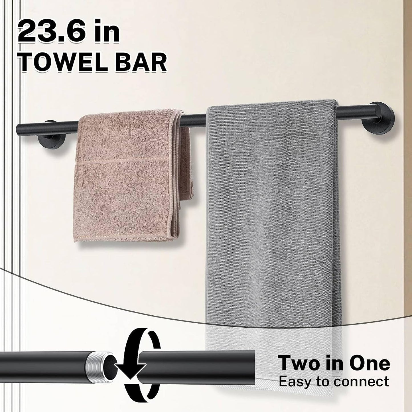 Matte Black Towel Bar Set 5-Piece Bathroom Hardware Accessories Set Includes 23.6in Towel Bar-Round Towel Ring-Toilet