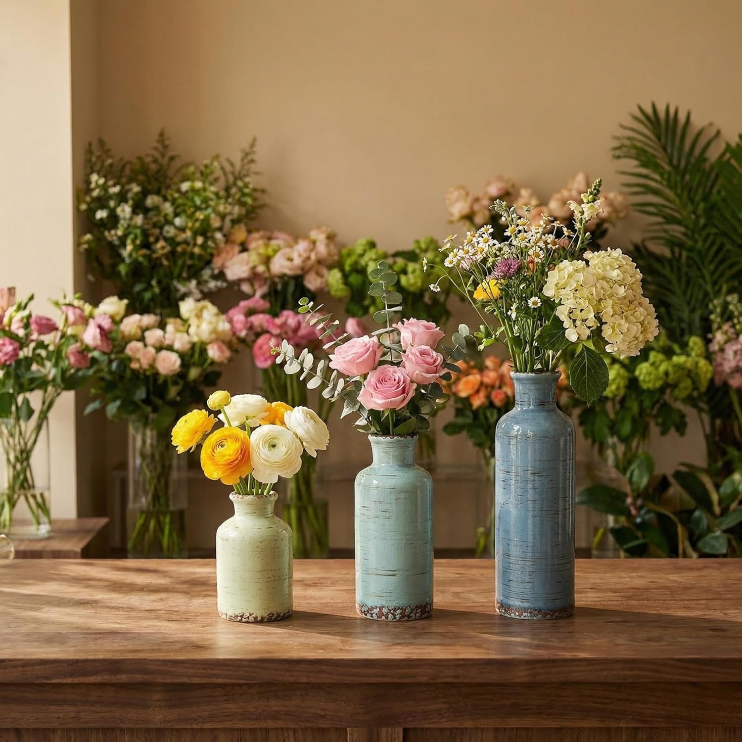 Ceramic Vintage Vase / Gray Blue Green / Set of 3