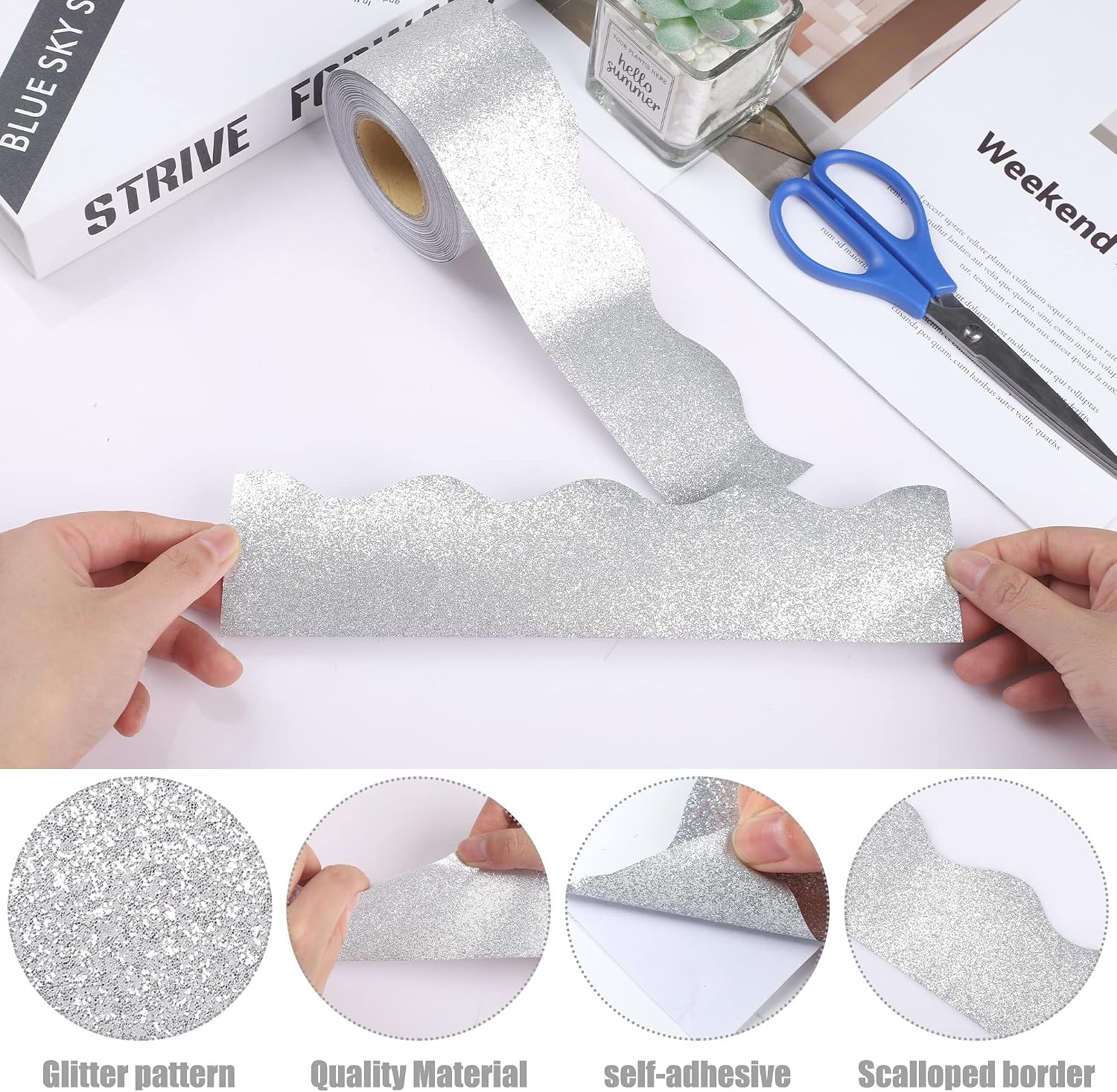 Glitter Bulletin Board Borders Scalloped Bulletin Board Trims Shiny Decorative / Silver / 131 Inch