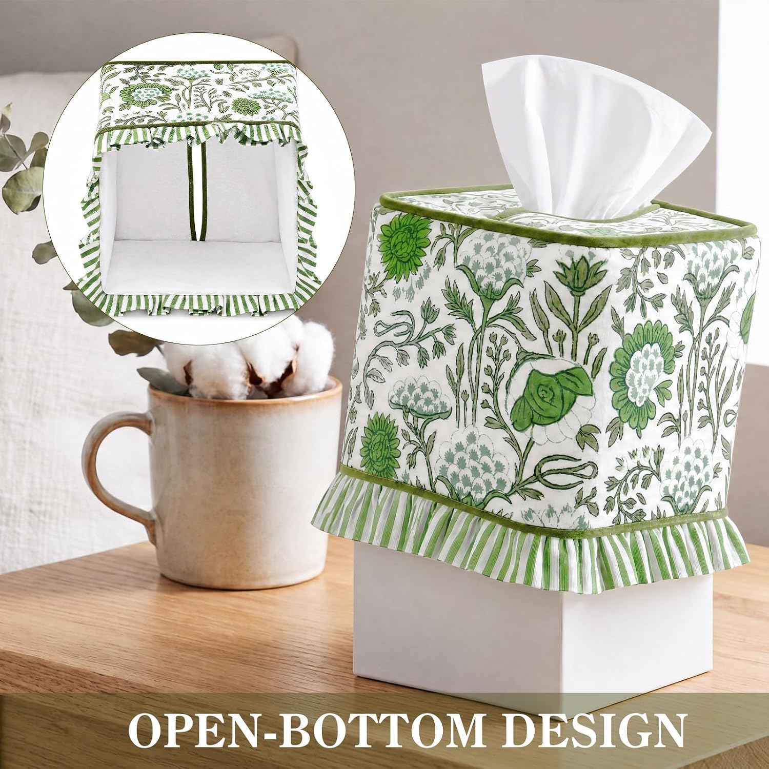 Agate Hand Block Printed Cotton Tissue Box Cover Decorative Square Boho / Floral Ruffle / Green