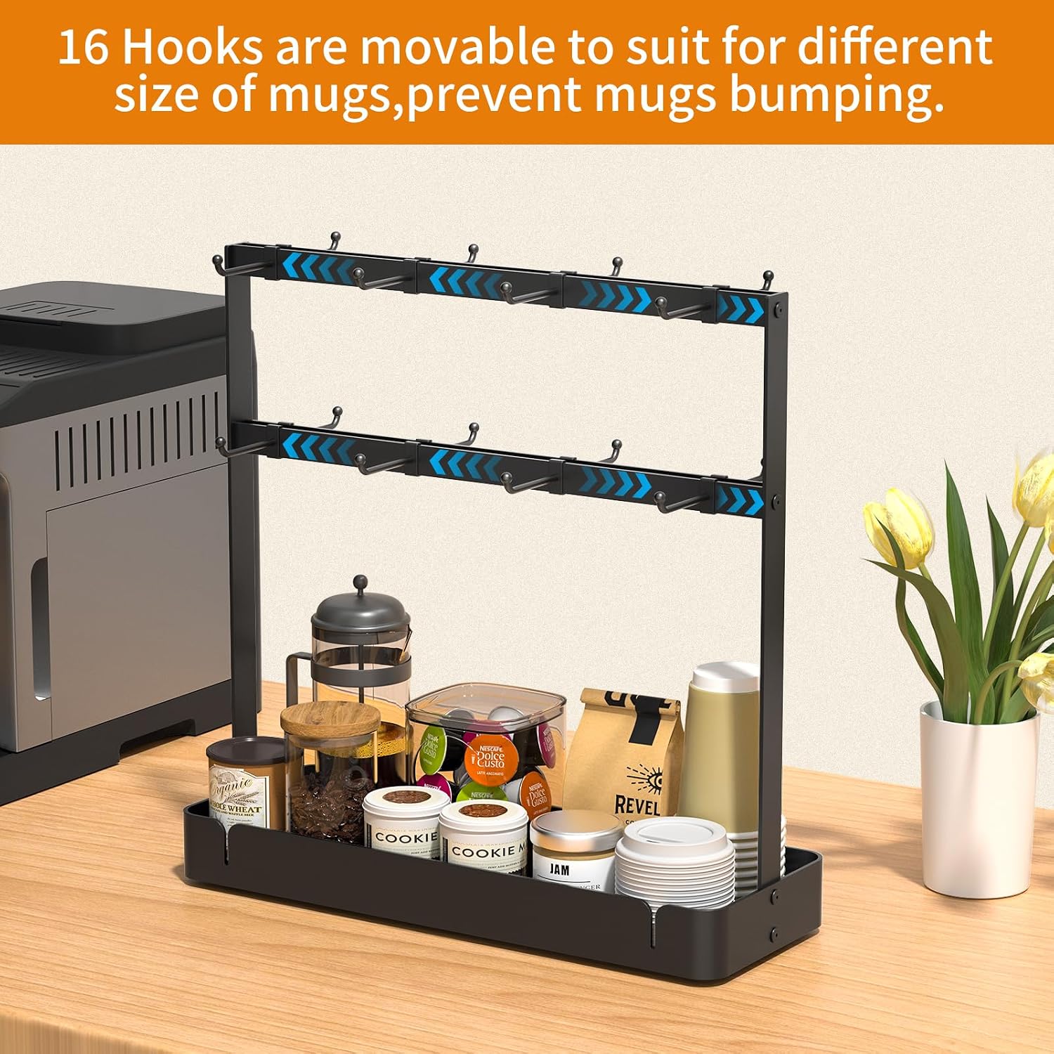 RCHYFEED 2 Tier Coffee Cup Holder with 16 Movable Hooks & Storage Basket | Sturdy Metal Countertop Mug Rack,Drain Tray