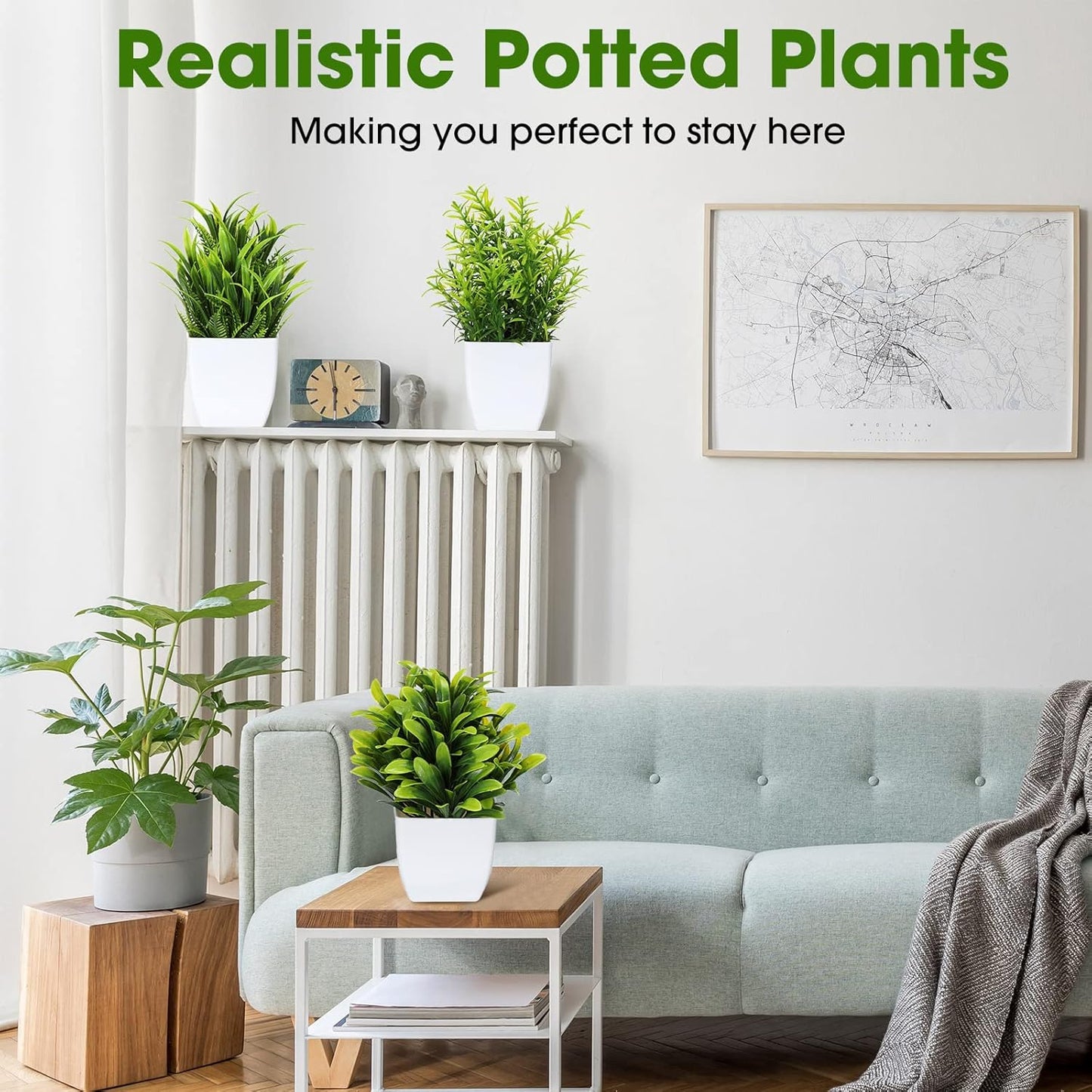Fake Plants Small Artificial Faux Plants / White Pot / Green / Set of 12