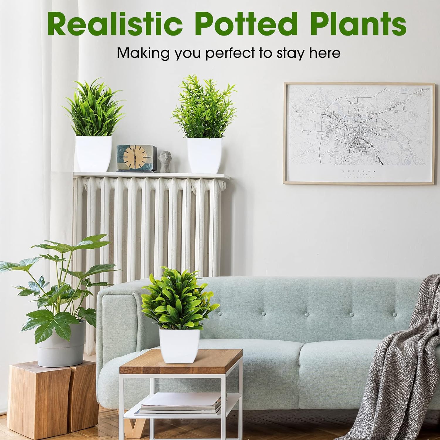 Fake Plants Small Artificial Faux Plants / White Pot / Green / Set of 12