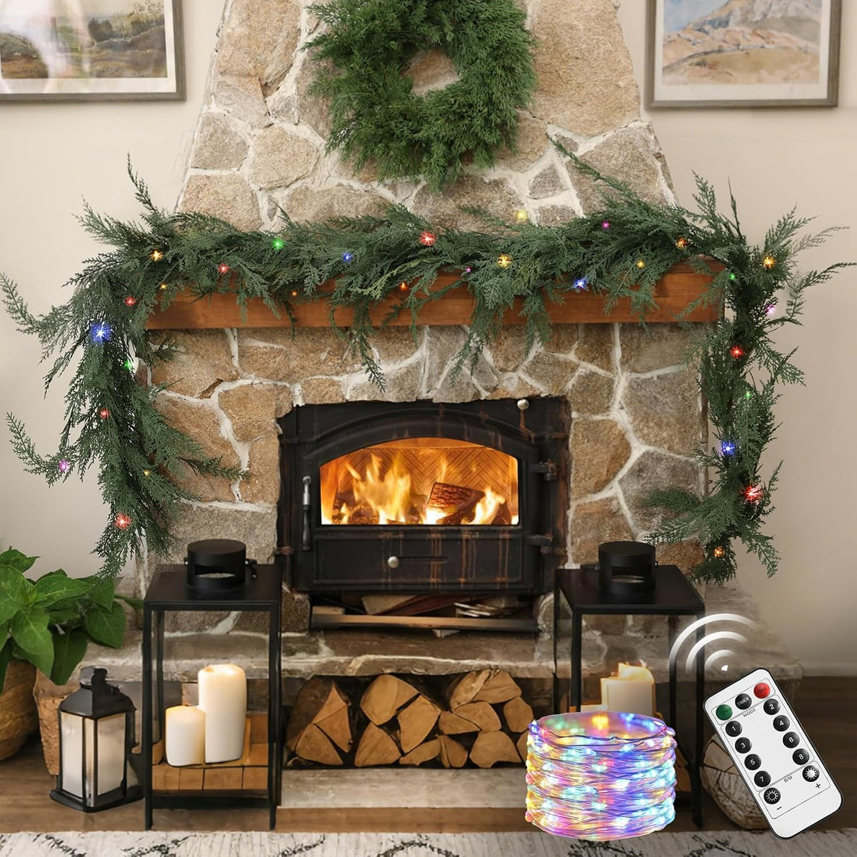 Christmas Cedar Garland Realistic with Lights - Cypress Decorations 9ft for Mantle Lighted Faux Pine Garlands for Xmas