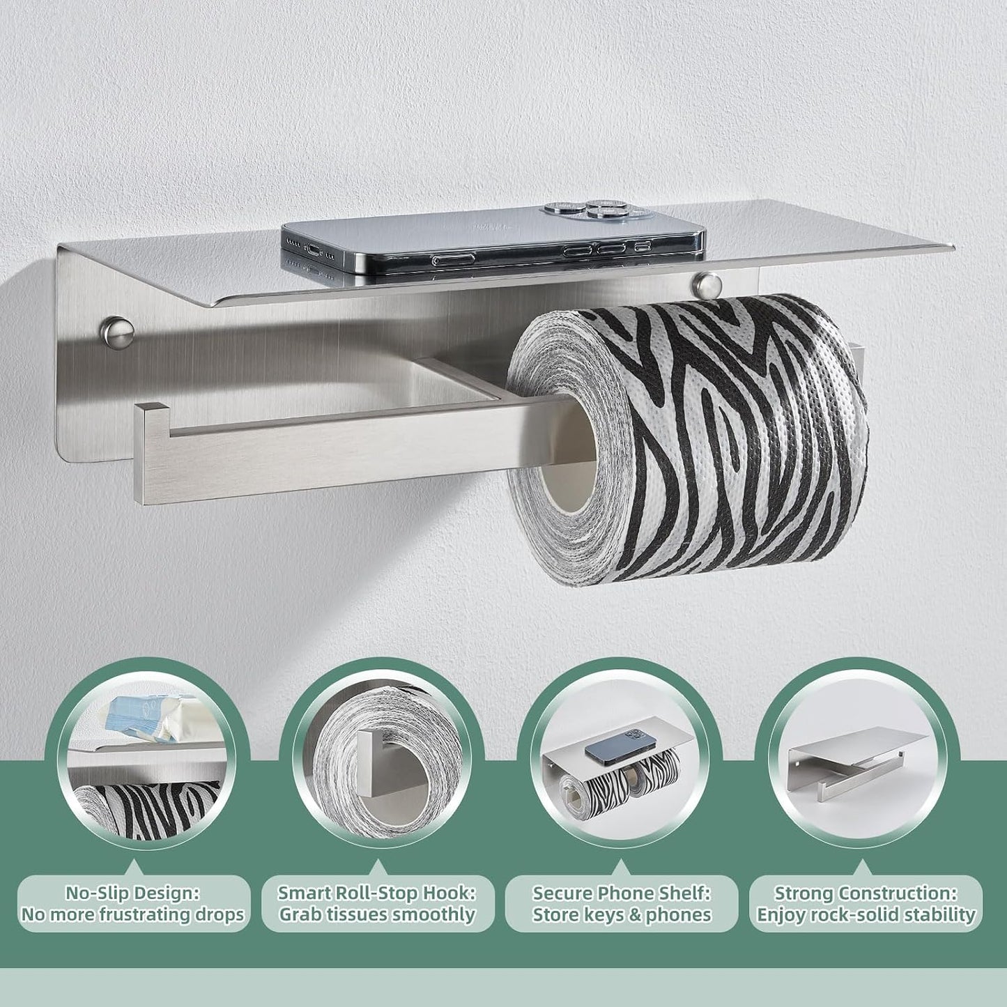 APLusee Dual Roll Toilet Paper Holder, Brushed Nickel, 304 Stainless Steel | Multiuse Top Shelf, Air Freshener & Tissue