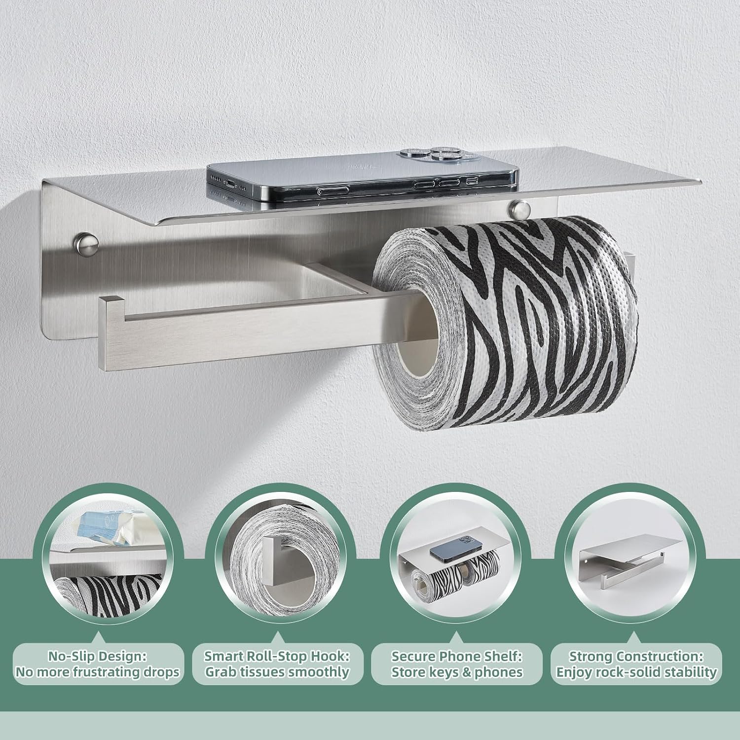 APLusee Dual Roll Toilet Paper Holder, Brushed Nickel, 304 Stainless Steel | Multiuse Top Shelf, Air Freshener & Tissue