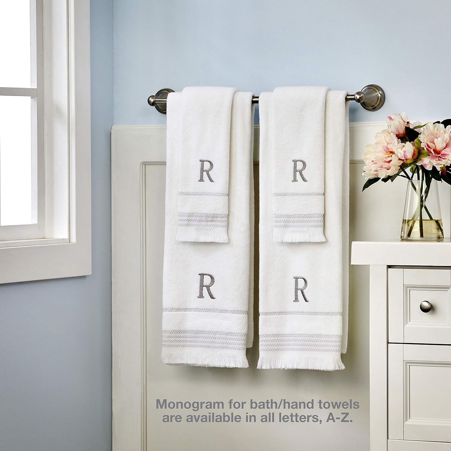 SKL Home Casual Monogram Hand Towel Set-2pc, Embroidered Q, White | Available in letters A-Z. Personalized style for