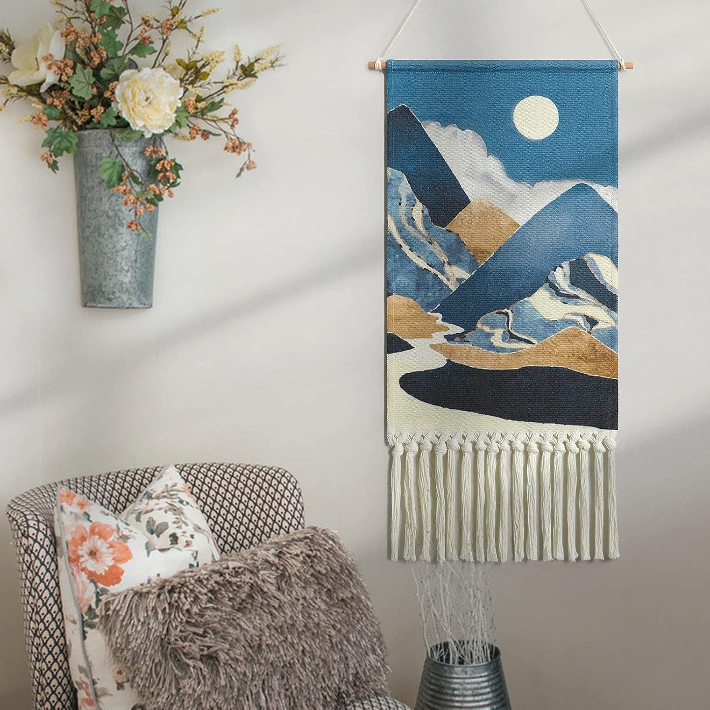 Macrame Woven Wall Hanging Tapestry Boho Wall Art Moon Mountain Chic Home Decor Bohemian Aztec