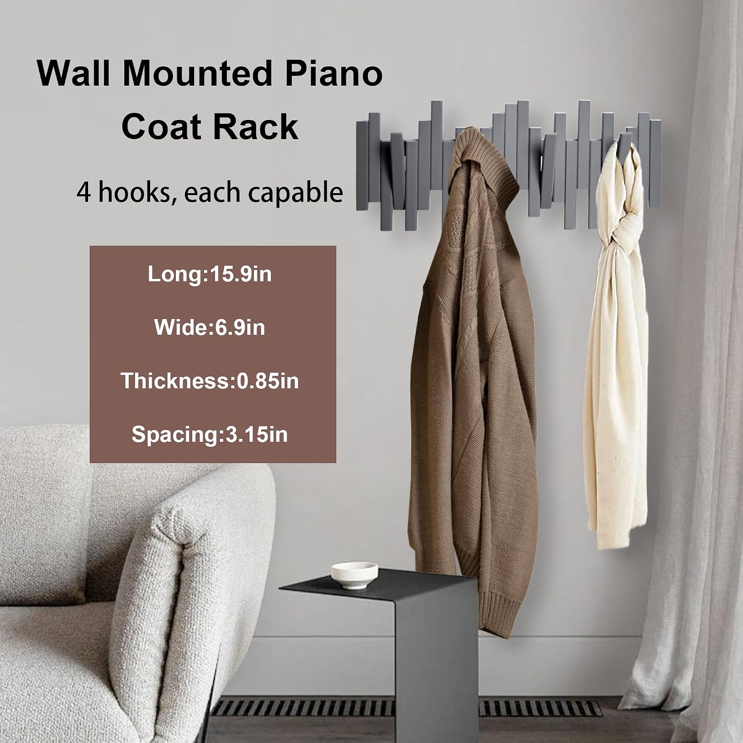 MinBoo Bamboo Multi Hook Coat Rack Modern, Unique, Space-Saving Coat Hanger with 4 Flip-Down Hooks for Hanging Scarves