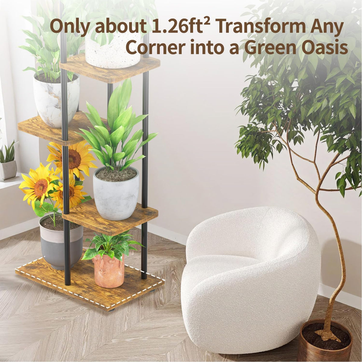 LASZOLA Plant Stand Tall for Indoor Corner with Light, 6 Tier Wood Brown | Heavy Duty Multi Level Vertical Flower Shelf