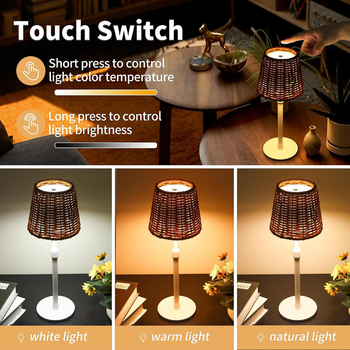 Mr.White Outdoor Waterproof Rechargeable Cordless Table Lamp with Telescopic Pole & Wicker Shade, 5200mAh Battery