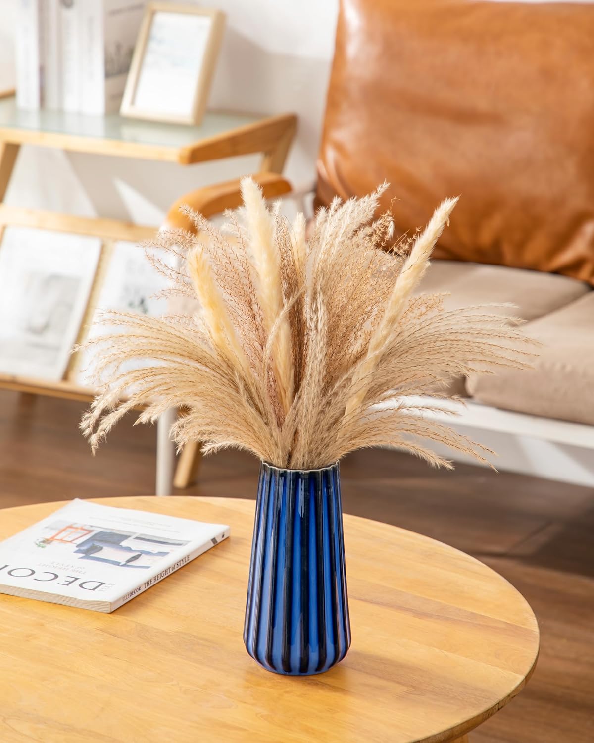 Ceramic Vase / Modern Ribbed Glossy Decorative Vase / Blue / 7.8 Inch
